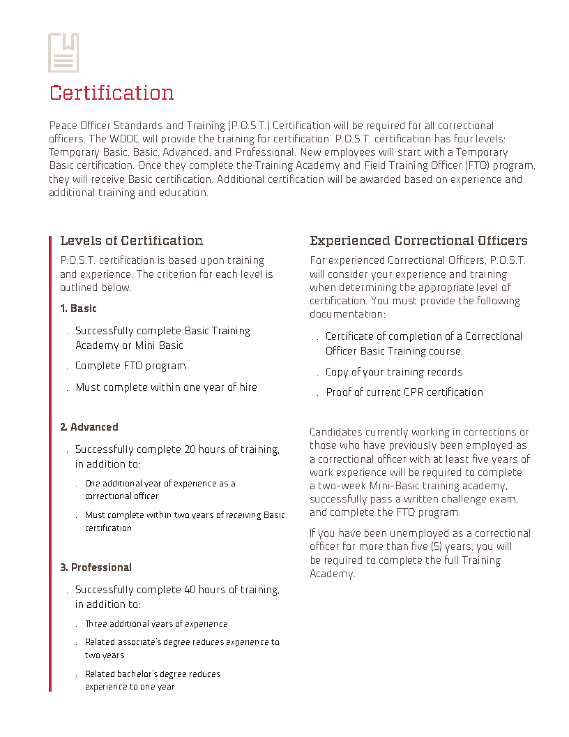 Image 3 of 5 in gallery section. Image title is WDOC_JobDetails_Certification.