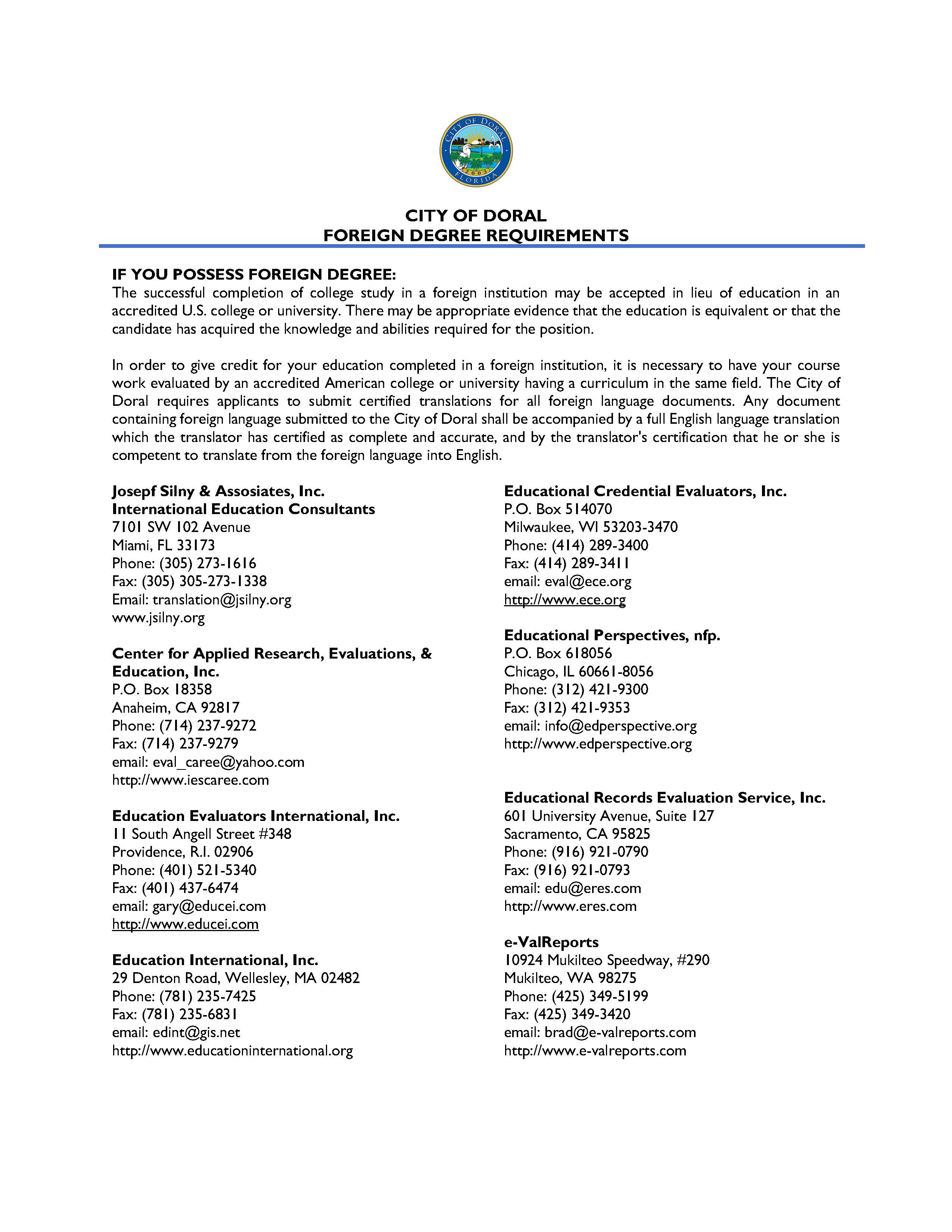 Image 1 of 2 in gallery section. Image title is City of Doral- Notice of Foreign Degree _Page_1.